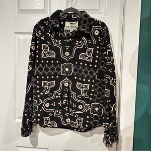 Outback Trading Black and Tan Patterned Fleece Shirt Jacket Shacket size Large